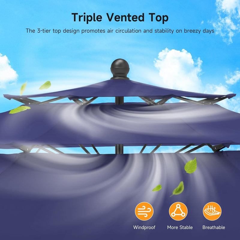 10 Ft Patio Umbrella, 3 Tier Outdoor Table Umbrella With 8 Sturdy Glass Fiber Ribs And Push Button Tilt, Outdoor Patio