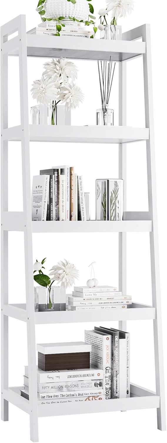 Bookshelf, 5 Tier Ladder Bookcase With Bamboo Frame, Freestanding Tall Narrow Display Plant Shelf For Living Room, Kitchen,