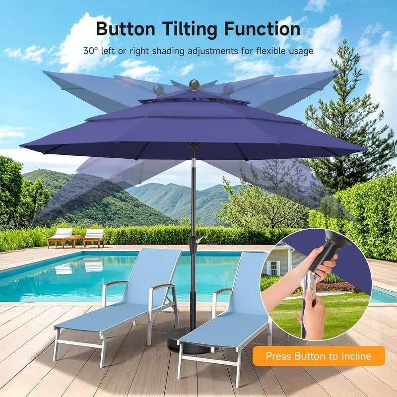 10 Ft Patio Umbrella, 3 Tier Outdoor Table Umbrella With 8 Sturdy Glass Fiber Ribs And Push Button Tilt, Outdoor Patio