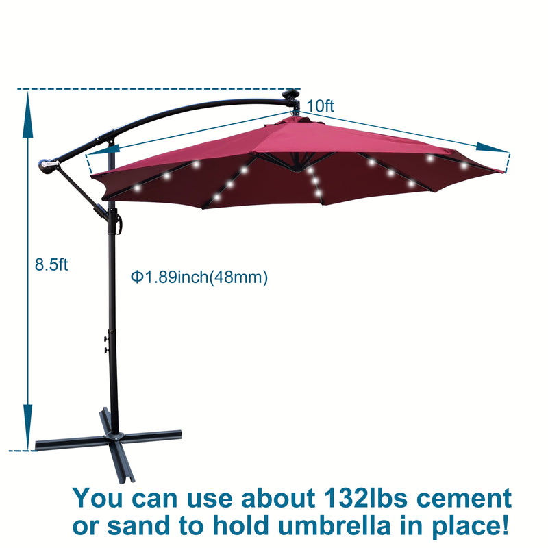 10 ft Outdoor Patio Umbrella Solar Powered LED Lighted Sun Shade Market Waterproof 8 Ribs Umbrella with Crank and Cross Base for