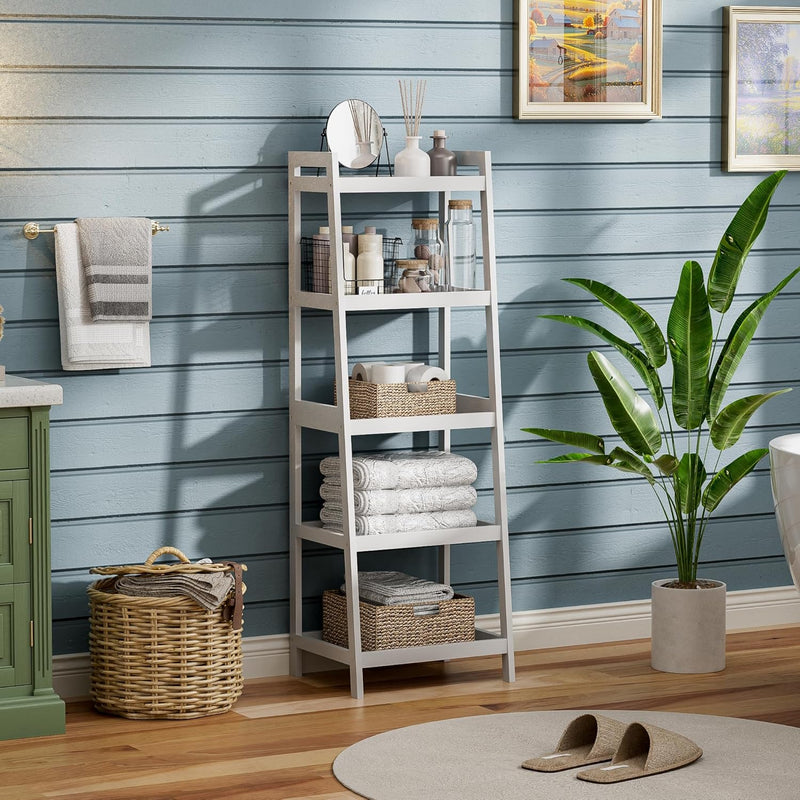 Bookshelf, 5 Tier Ladder Bookcase With Bamboo Frame, Freestanding Tall Narrow Display Plant Shelf For Living Room, Kitchen,