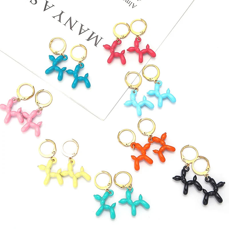 2023 New Cute Golden Balloon Dog Puppy Dangle Earrings For Women Cartoon Drop Dangle Hoop Earring Set Aesthetic Ear Jewelry