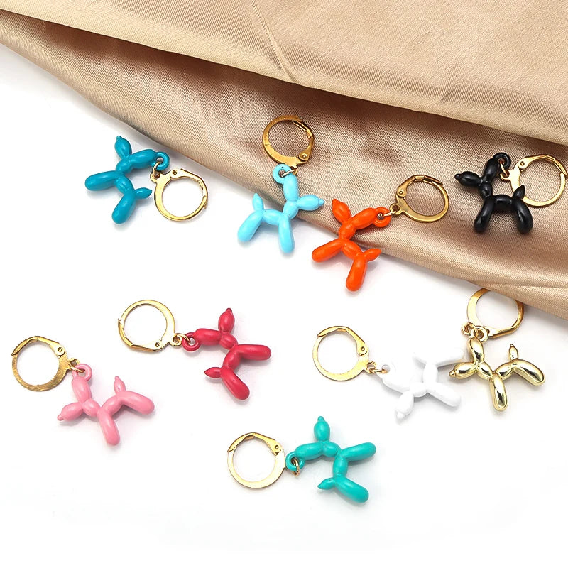 2023 New Cute Golden Balloon Dog Puppy Dangle Earrings For Women Cartoon Drop Dangle Hoop Earring Set Aesthetic Ear Jewelry