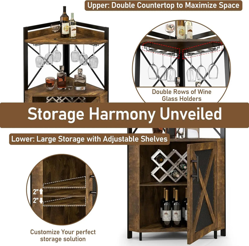 Farmhouse Corner Wine Cabinet with Storage, Wine Bar Cabinet with Glass Holder, Liquor Cabinet with Metal Mesh Doors & Adjustable Shelf