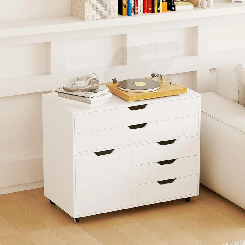 File Cabinet, Rolling Lateral Filing Cabinet with 2 Large Drawers, 3 Small Drawers, Side Cabinet, Wheels, Load 220 Lbs, Office