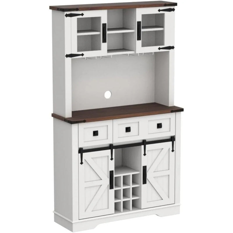 72" Farmhosue Bar Cabinet with Sliding Barn Door, Large Kitchen Buffet with Hutch w/Wine & Glasses Rack, 3 Drawers, 12 Stora