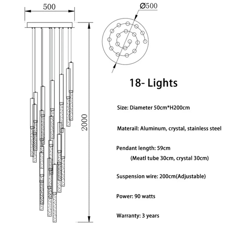 Nordic Minimalist Indoor Pendant Light Fixture Modern Ceiling Crystal Led Chandelier Long Hanging Lamp for Staircase Living Room