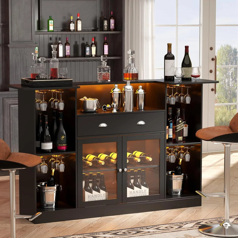 Loomie Bar Table Cabinet with LED & Drawer, Mini Liquor Bar with 8-Tier Storage & Stemware Holder, Wine Alcohol Bar Stand