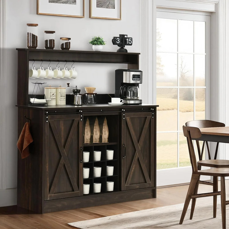 Farmhouse Coffee Bar Cabinet with 6 Hooks, 47 Inch Coffee Bar Hutch with 9 Wine Racks, Coffee Bar Table with Sliding Barn Door