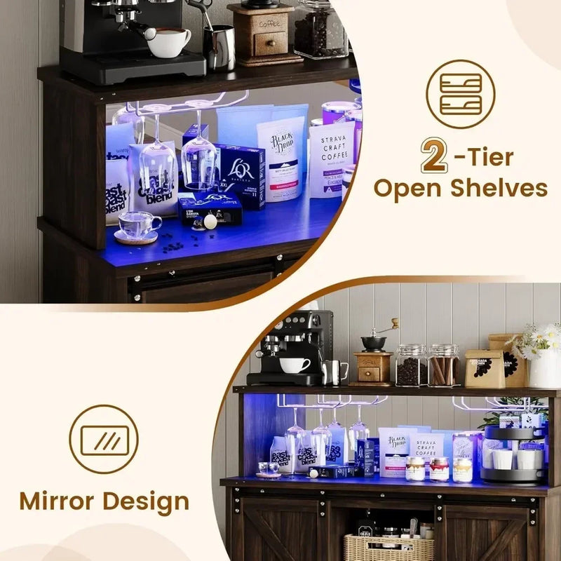 Bar Cabinet, 47” Buffet Sideboard with 4 Glass Hooks & 9 Wine Racks, Coffee Bar Cabinet with Sliding Barn Door Bar Cabinet