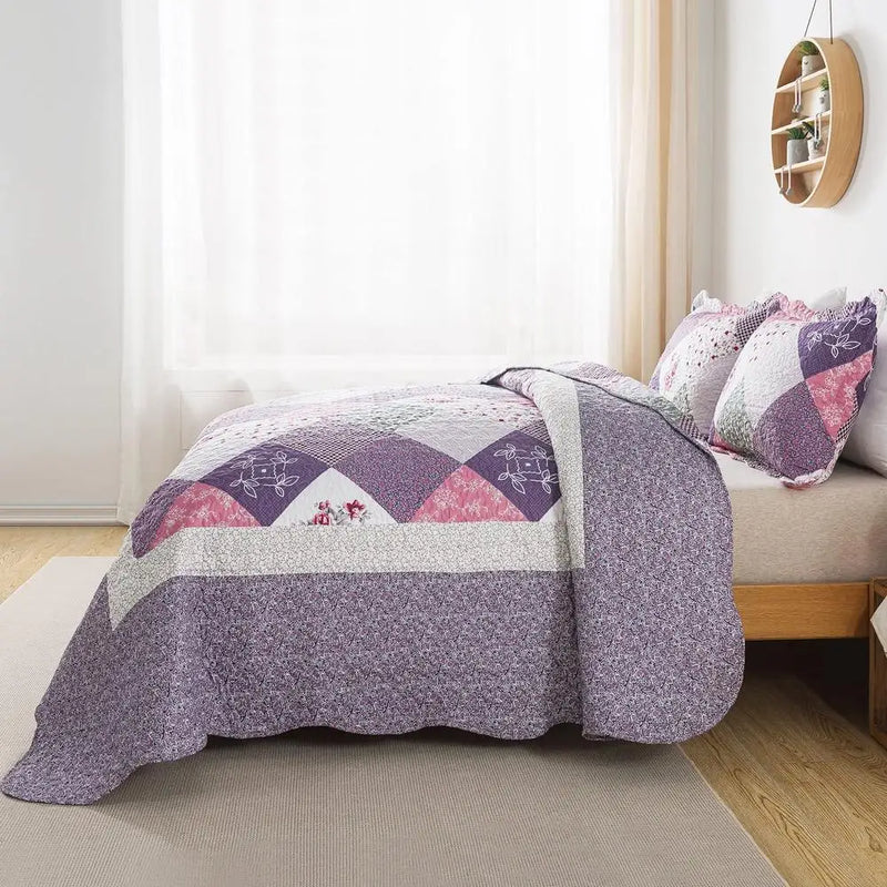 King Size 3 Piece Microfiber Quilt Set Reversible Floral Bedspread Patchwork Coverlet All Season Lightweight Bedding Pets and