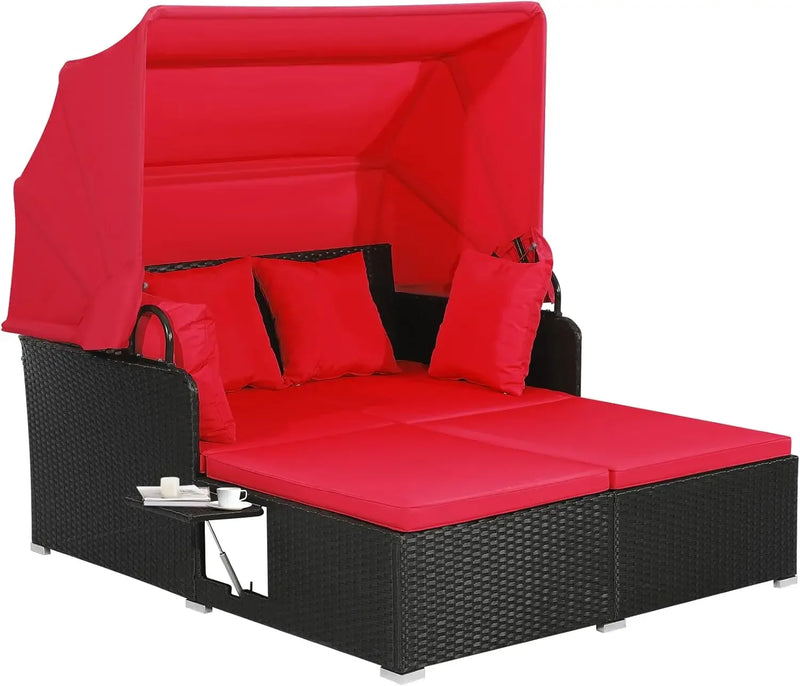 Patio Rattan Daybed with Retractable Canopy, Patiojoy Wicker Sun Lounger with 2 Foldable Side Panels, Thick Seat & Back Cushions