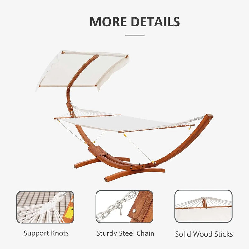 13FT Wooden Arc Hammock with Canopy, Outdoor Hammock Bed with Wood Arc Stand for Patio Balcony Garden Backyard, White