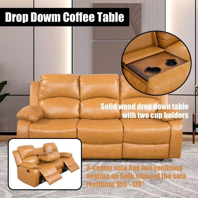 Ginger Leather Reclining Sofa Set for Living Room Set,Recliner Sofa with Drop Down Table/Double Recliner sofas
