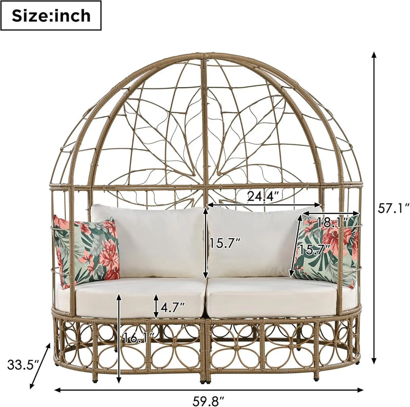 Outdoor Patio Daybed with Colorful Pillows, PE Wicker Sunbed with Curtain, 59.8" Double Patio Sofa for Poolside Garden Backyard