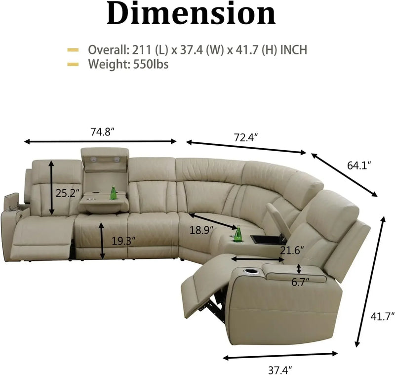 Sofa Living Room, Power Reclining Sectional Sofa USB Chargers And Storage Console, Leather Recliner Sofa For Living Room Set