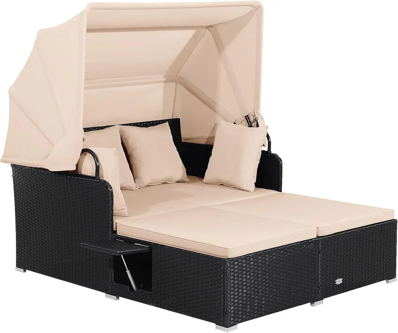 Patio Rattan Daybed with Retractable Canopy, Patiojoy Wicker Sun Lounger with 2 Foldable Side Panels, Thick Seat & Back Cushions