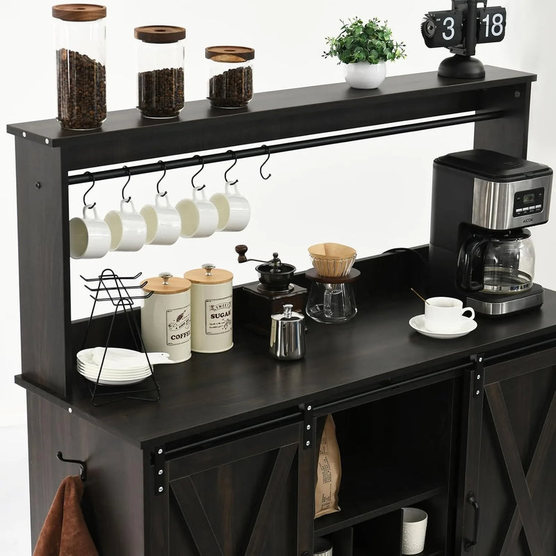 Farmhouse Coffee Bar Cabinet with 6 Hooks, 47 Inch Coffee Bar Hutch with 9 Wine Racks, Coffee Bar Table with Sliding Barn Door