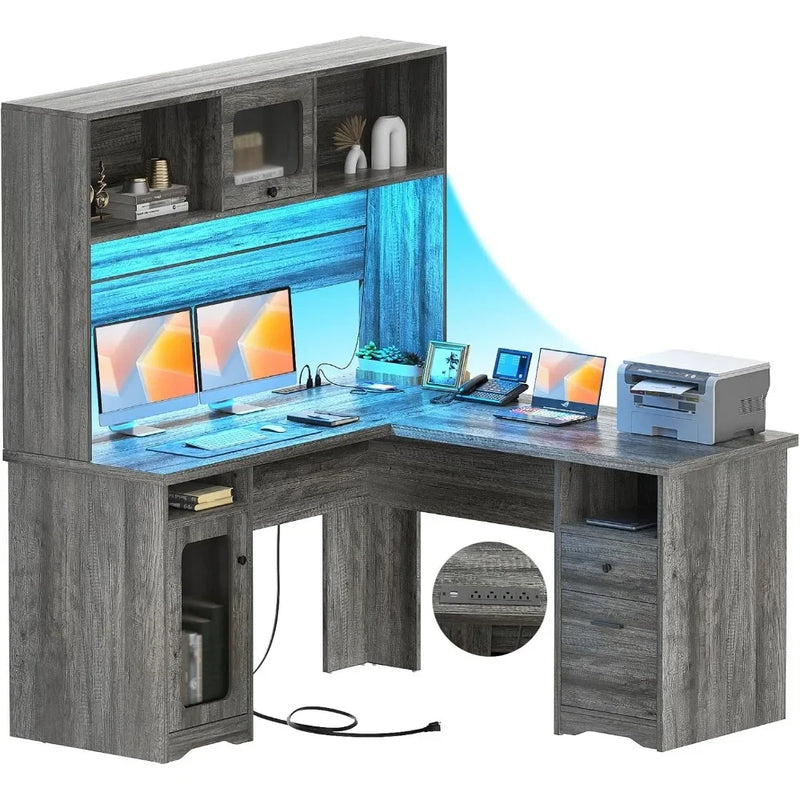 60" Office Desk with Drawers & Hutch, Large L Shaped Computer Desk with Power Outlet & LED Lights, File Cabinets,Corner Desk