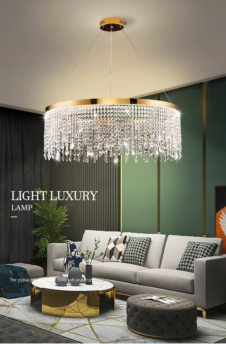 Modern K9 Crystal Chandelier Luxury Gold LED Pendant Lamp Circle Design Hanging Lights for Living Room Home Decoration Lighting Arrival 29-48 days