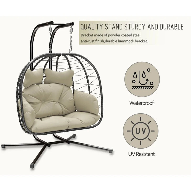Double Wicker Swing Egg Chair Hammock Foldable Hanging Loveseat with Stand, UV Resistant Removable Cushions, 700LBS Capacity