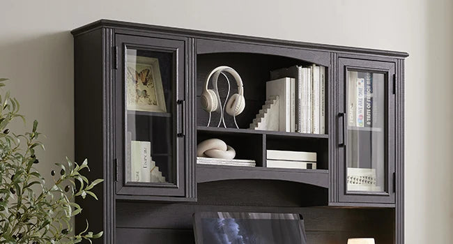 JXQTLINGMU Farmhouse 76" Height Computer Office Desk with Hutch Charging Station Drawers Storage Cabinet Workstation Home