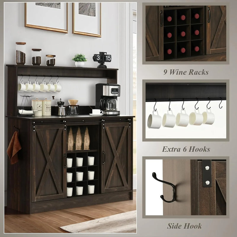 Farmhouse Coffee Bar Cabinet with 6 Hooks, 47 Inch Coffee Bar Hutch with 9 Wine Racks, Coffee Bar Table with Sliding Barn Door