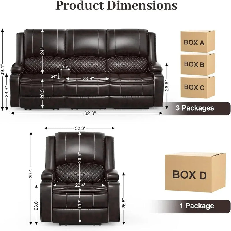3 Seater Recliner Sofa Set with 2-Tier Cushion, 3+1 Pieces in Living Room, 3 Seater Reclining Couch Leather