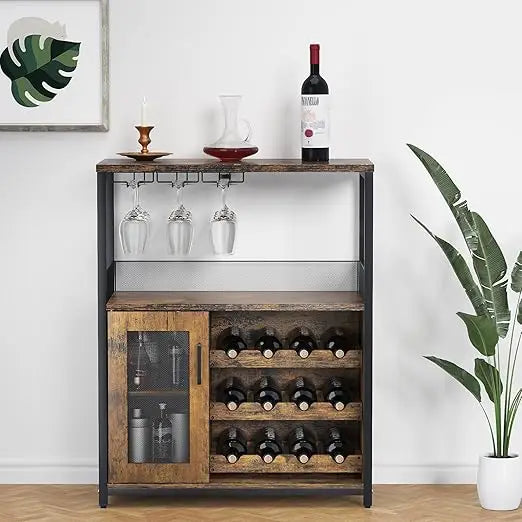 Wine Bar Rack Cabinet with Detachable Wine Rack, Bar Cabinet with Glass Holder, Small Sideboard and Buffet Cabinet with Mesh Doo