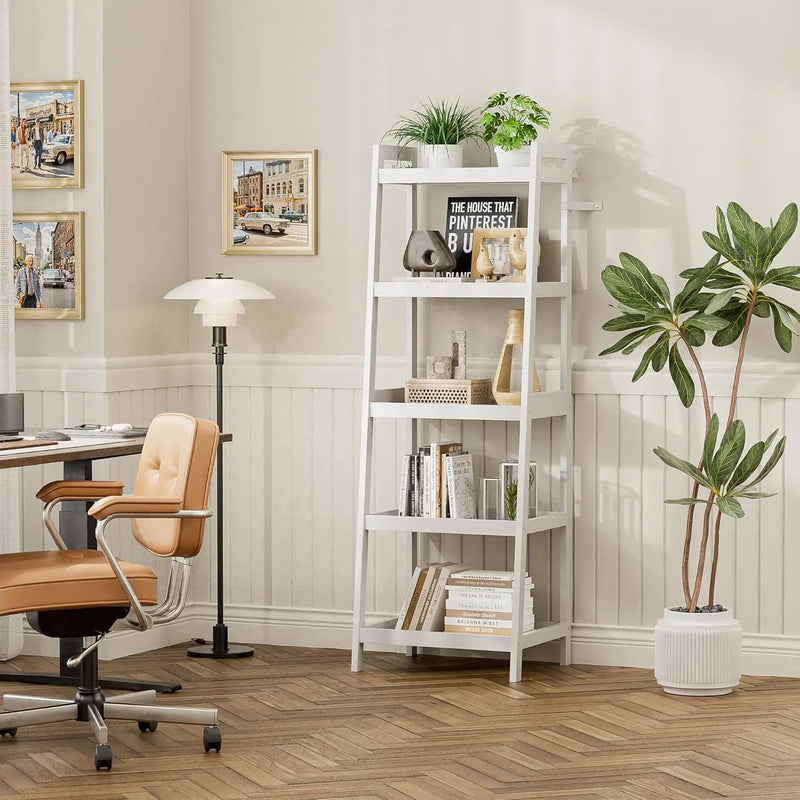 Bookshelf, 5 Tier Ladder Bookcase With Bamboo Frame, Freestanding Tall Narrow Display Plant Shelf For Living Room, Kitchen,