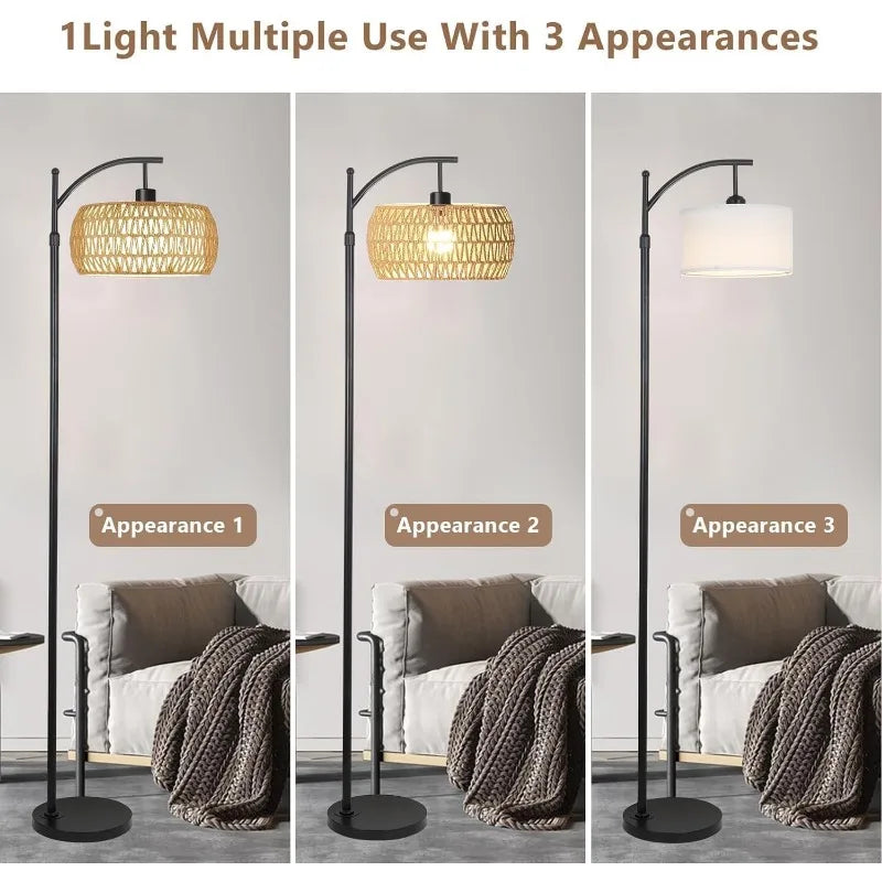 Arc Floor Lamp for Living Room Rattan Boho Floor Lamp with Remote Control,Dimmable LED Floor Lamp Wicker Shades