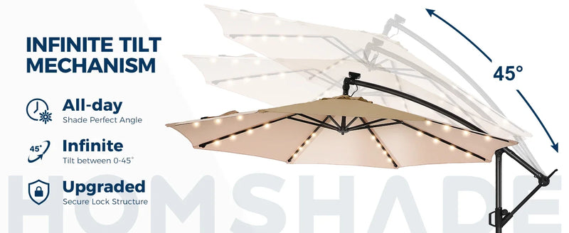 10ft Solar Lights Patio Umbrella W/Light and Base, Patio Outdoor Market Umbrella UPF50+ UV Protection with Easy Tilt and Crank