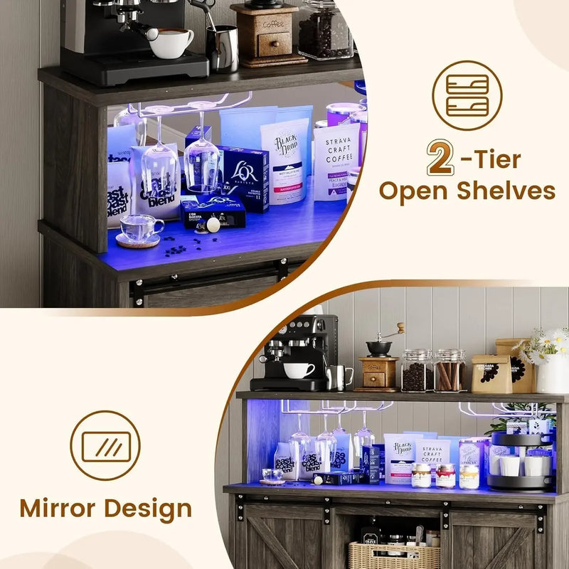 Bar Cabinet, 47” Buffet Sideboard with 4 Glass Hooks & 9 Wine Racks, Coffee Bar Cabinet with Sliding Barn Door Bar Cabinet