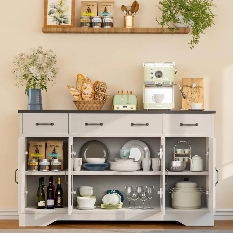 Sideboard Buffet Cabinet with Storage, 55" Kitchen Coffee Bar Cabinet with 3 Drawers & Glass Doors, Farmhouse Sideboard