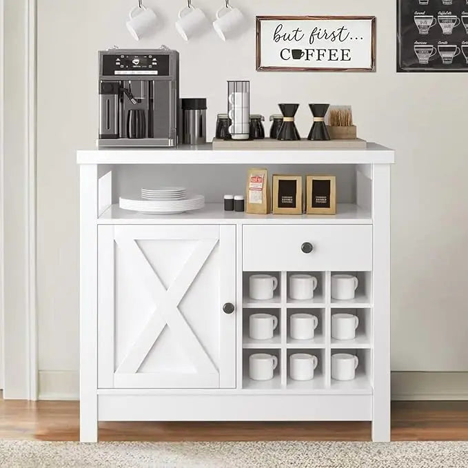 Farmhouse Coffee Bar Cabinet with Storage, 32 inch Coffee Bar Table with Barn Door and 9 Wine Racks, Coffee Bar Accessories