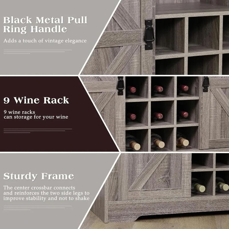 Coffee Bar Cabinet, 47" Farmhouse Kitchen Wine Bar with 6 Hooks, Sliding Barn Door and Adjustable Shelves, Liquor Bar Cabinet w