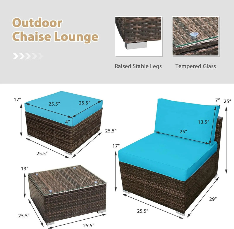 5-piece chaise longue set with ottoman and coffee table, outdoor rattan wicker chaise longue, sofa bed, sofa set with cushions