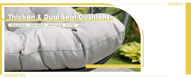 2 Person Double Egg Chair Outdoor Patio Wicker Loveseat Hanging Chair Swing Egg Chairs with Beige Cushions Double Seats