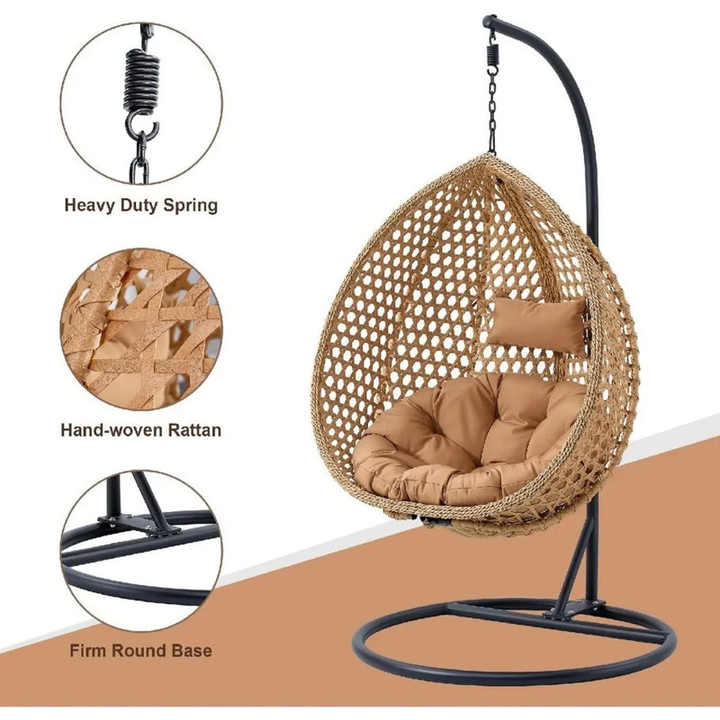 Hanging Egg Chair Outdoor,Rattan Swing with Foldable Basket,Hammock with Metal Stand,Lounge for Garden Backyar