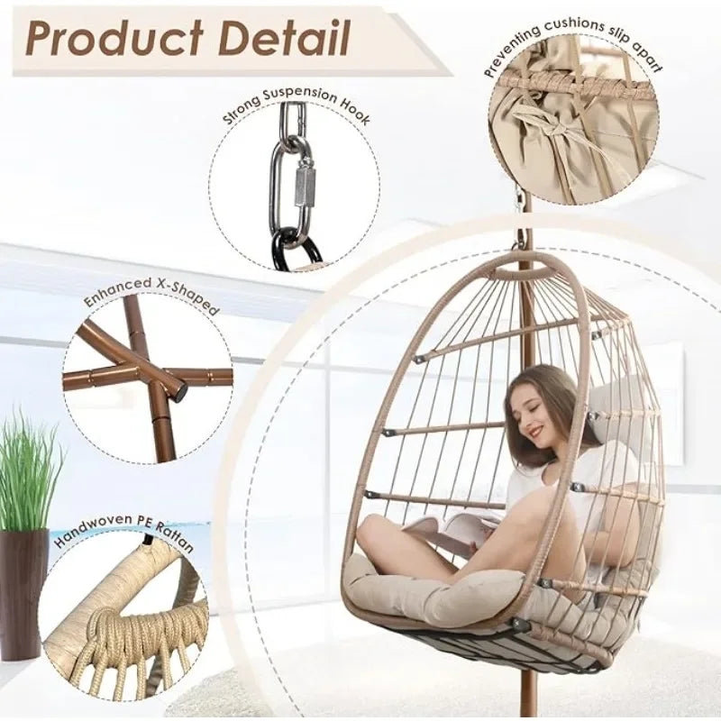 HOME.Hanging Egg Chair with Stand Outdoor Swinging Egg Chair with Water Resistant Cushions PE Rattan Wicker Chair Foldable Baske