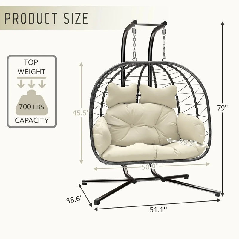 Double Wicker Swing Egg Chair Hammock Foldable Hanging Loveseat with Stand, UV Resistant Removable Cushions, 700LBS Capacity