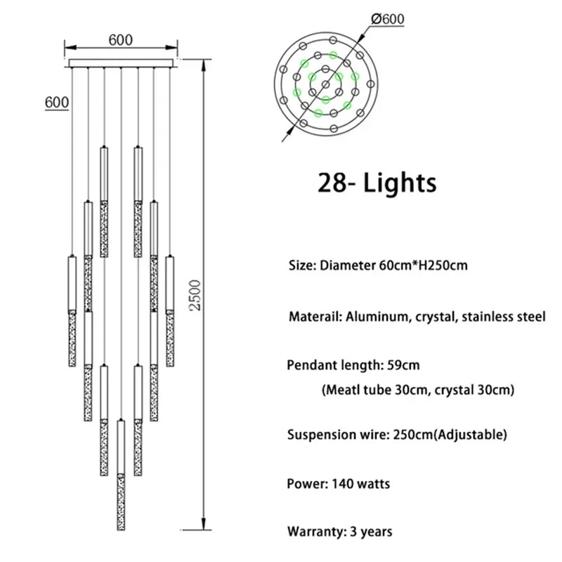 Nordic Minimalist Indoor Pendant Light Fixture Modern Ceiling Crystal Led Chandelier Long Hanging Lamp for Staircase Living Room