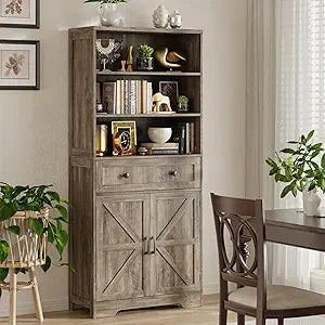 71"H Farmhouse Tall Storage Cabinet, Kitchen Pantry Cabinet with Barn Doors and Adjustable Shelves, Floor Standing Bookshelf 5 T