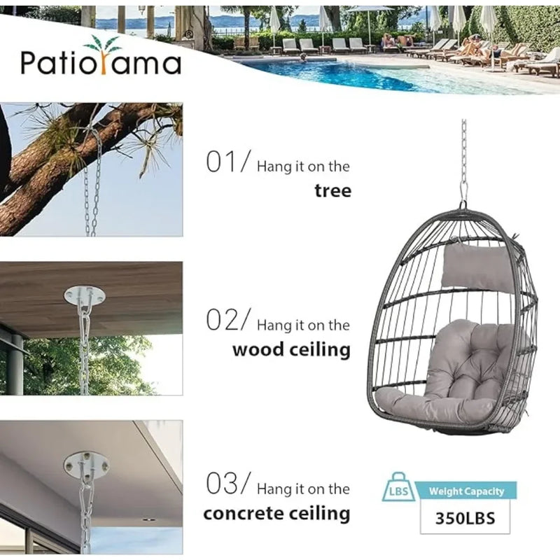 Patiorama Indoor Outdoor Egg Swing Chair Without Stand,Patio Grey Wicker Rattan Hanging Chair,Swing