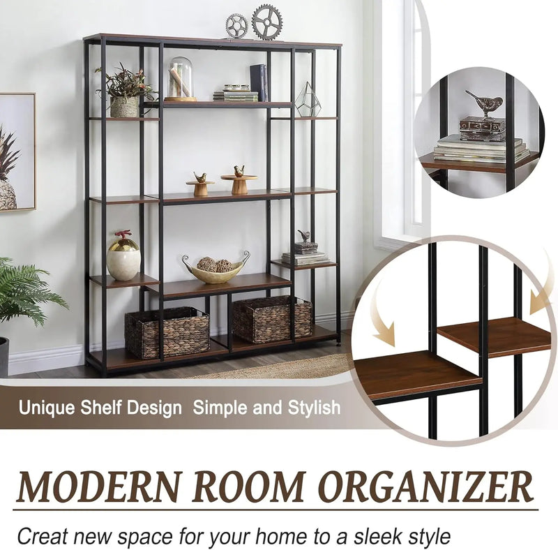 5 Tier Bookshelf, Industrial Tall Bookcase, Rustic Freestanding Storage Shelf For Living Room, Bedroom And Home Office, Metal