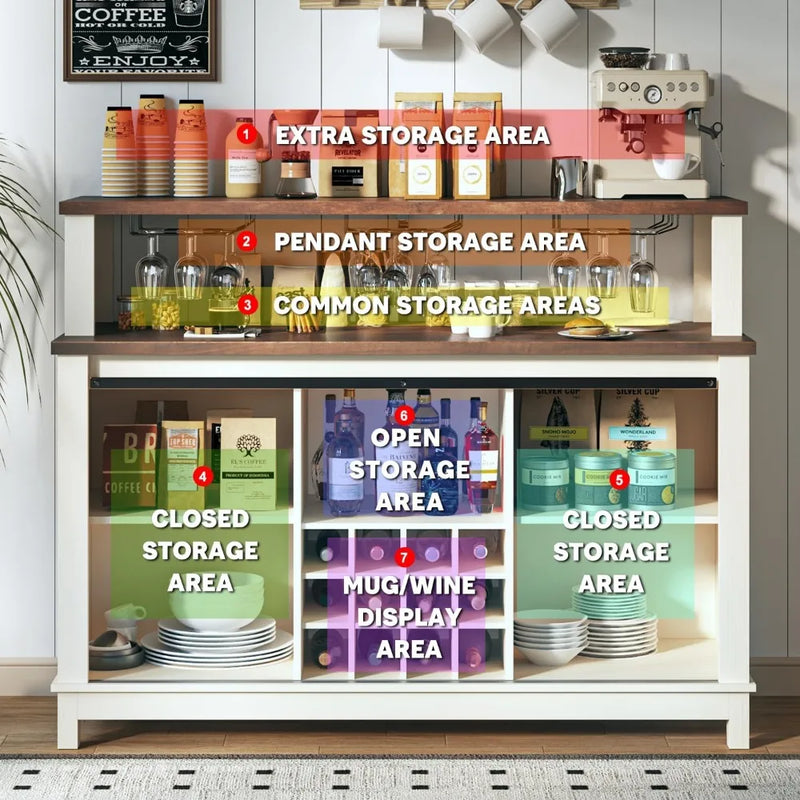 55" Coffee Bar Cabinet with LED Lights, Farmhouse Wine Bar Cabinet for Home with Wine Glass Rack, Kitchen Buffet Cabinet with Sl