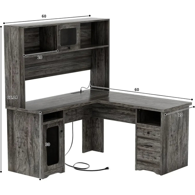 60" Office Desk with Drawers & Hutch, Large L Shaped Computer Desk with Power Outlet & LED Lights, File Cabinets,Corner Desk
