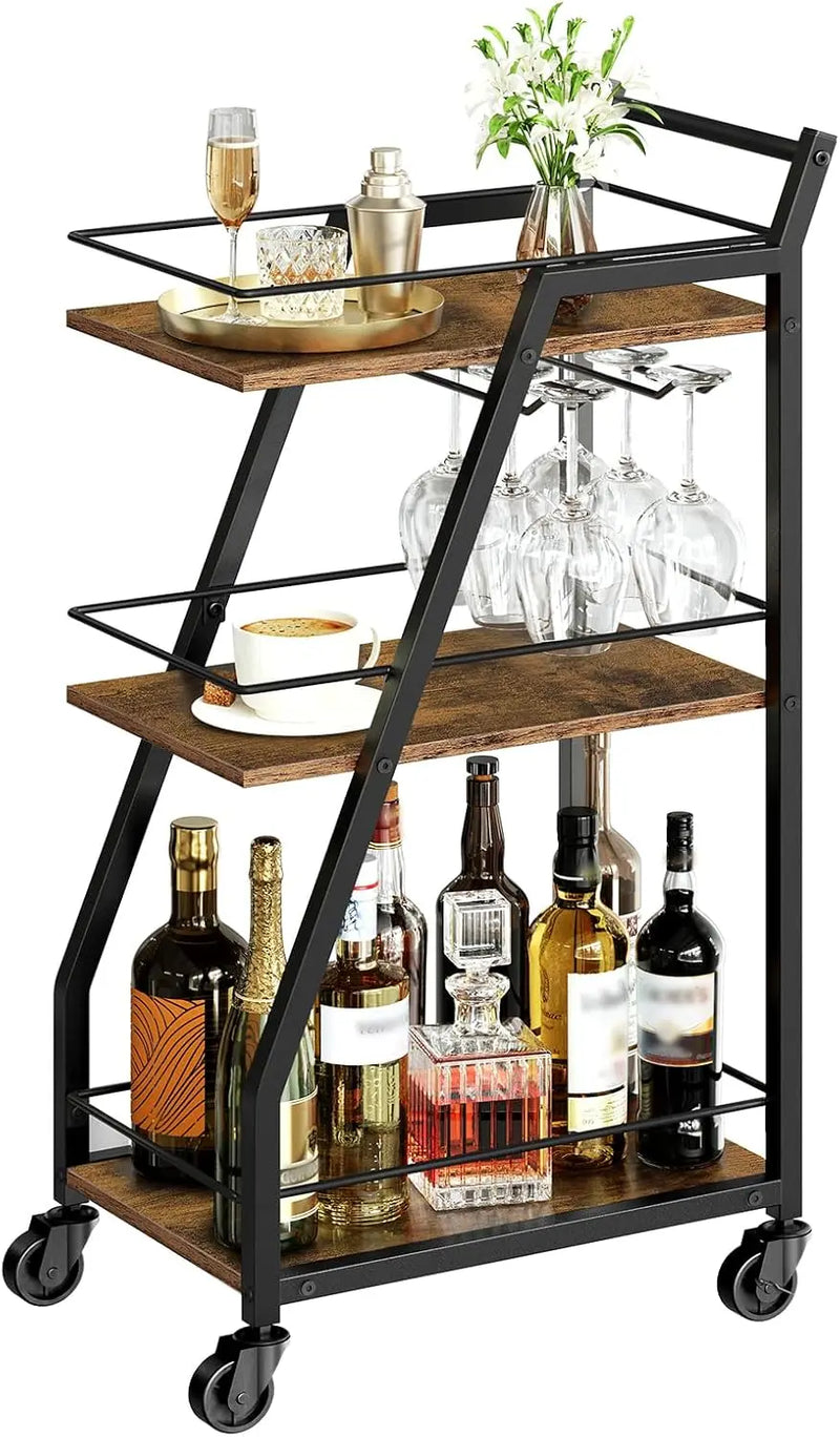 Bar Cart, Bar Carts for The Home, Small Bar Cart on Wheels, Beverage Cart, Home Bar Serving Cart with Glass Holder