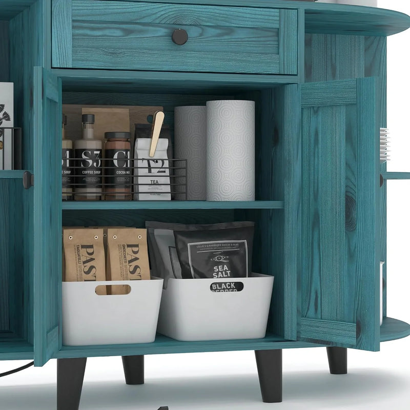 Sideboard Buffet Cabinet w/ Power Outlet,Freestanding Kitchen Cabinet with Storage,Accent Coffee Bar with Doors,Vintage Blue