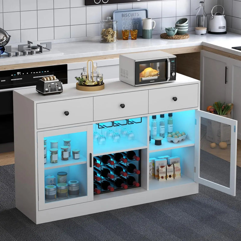 Bar Cabinet with LED Lights, Home Coffee Cabinet with Wine and Glass Rack, Kitchen Buffet Cabinet